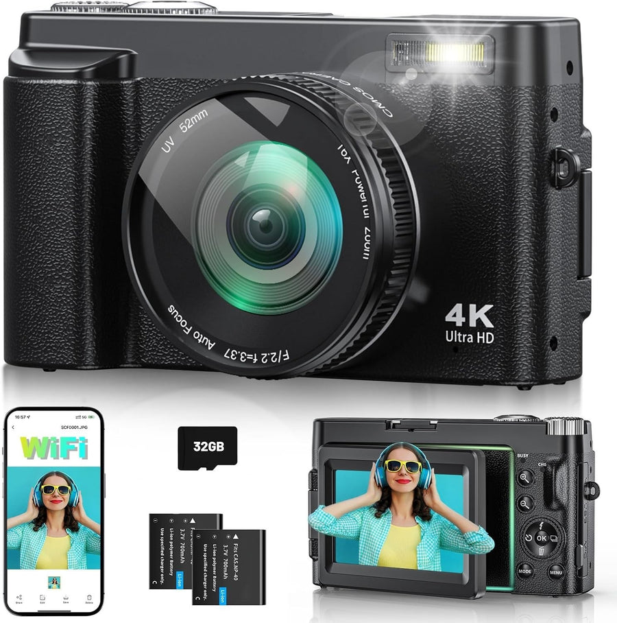 4K 64MP Vlogging Camera WiFi Flip Screen 16X Zoom SD Bundle