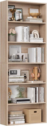Oak 6-Tier Tall Bookshelf Freestanding Storage Unit Open Display Shelf