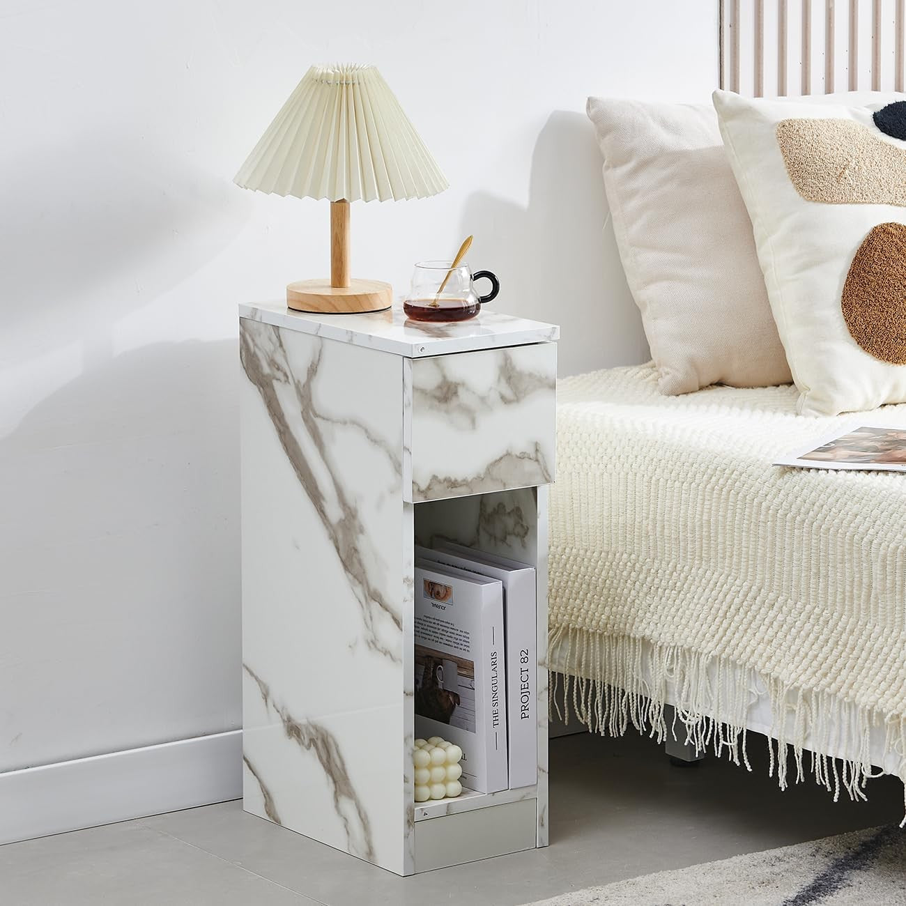 White Marble Slim Bedside Table with Drawer & Shelf, Narrow Modern Nightstand