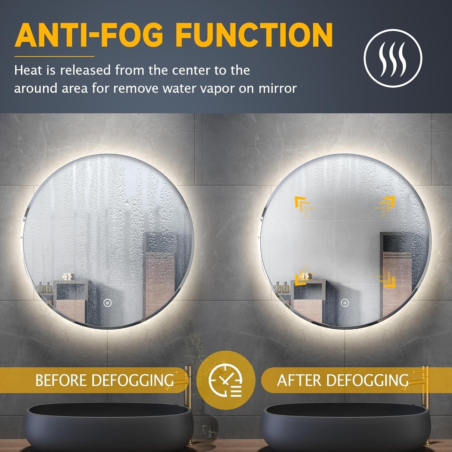 Round LED Bathroom Mirror 60x60cm Anti-Fog Touch Sensor Vanity Light