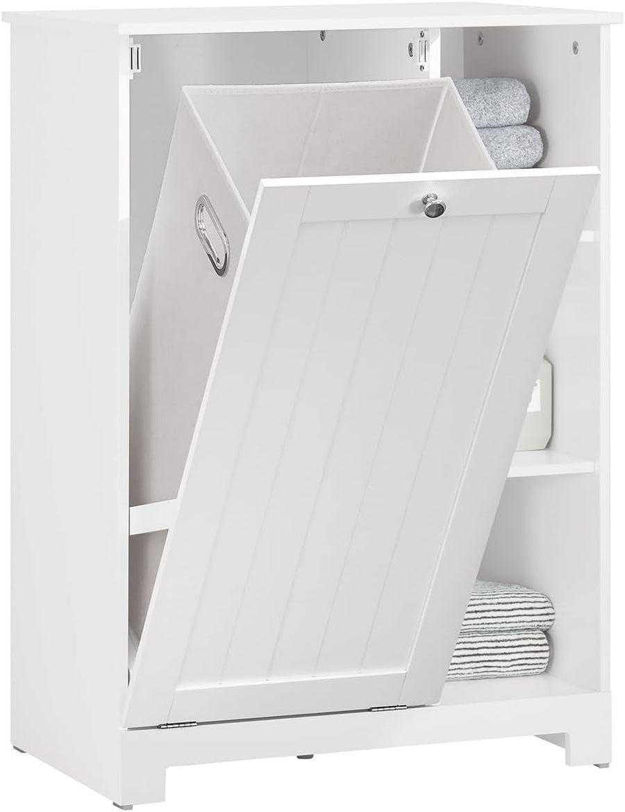 Slim Bathroom Laundry Cabinet with Flip Out Basket & Shelves White