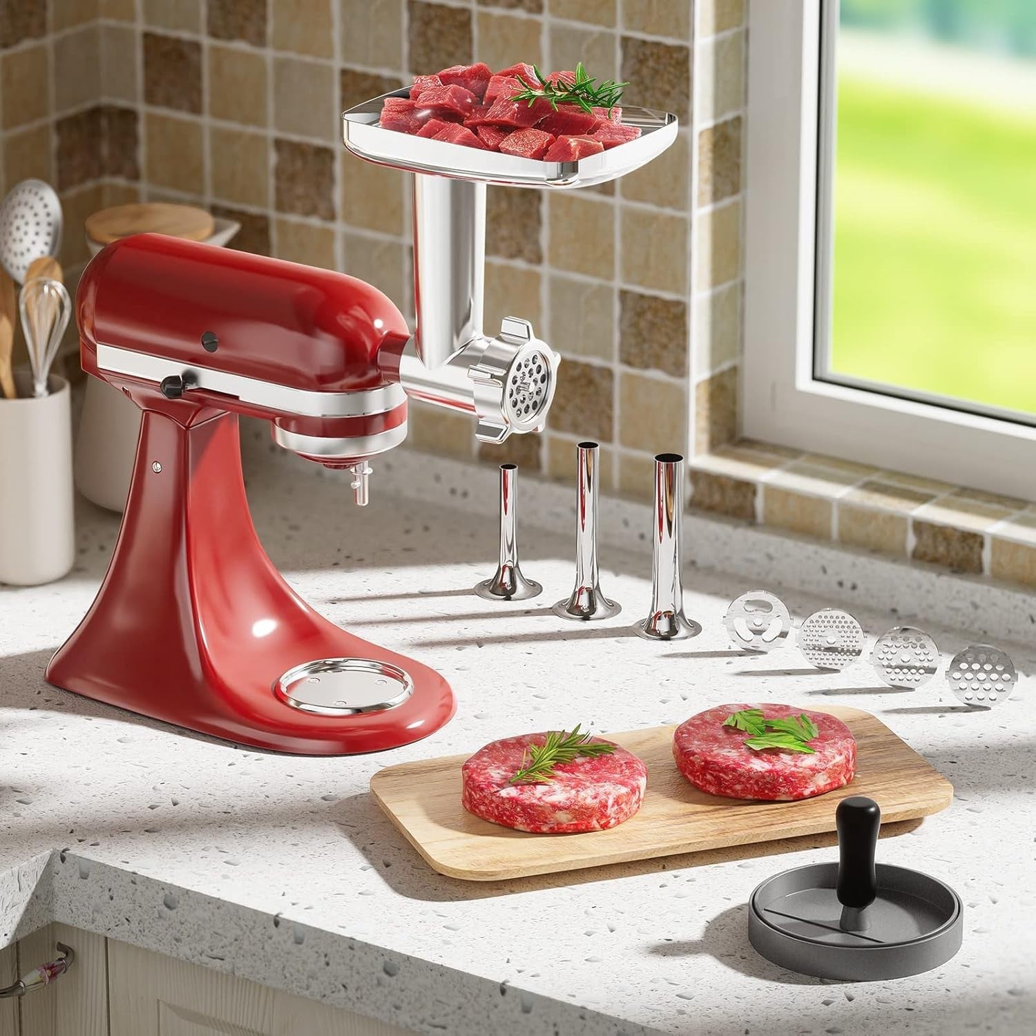 Food Grinder Attachment Sausage Maker Burger Press 4 Plates Metal