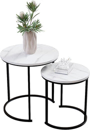 Nest of 2 Round Coffee Side Tables Marble Dark Wood Industrial Metal Frame