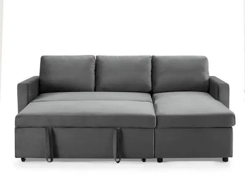 Grey Velvet 3 Seater Sofa Bed Reversible Chaise Pull Out Couch w/ Storage