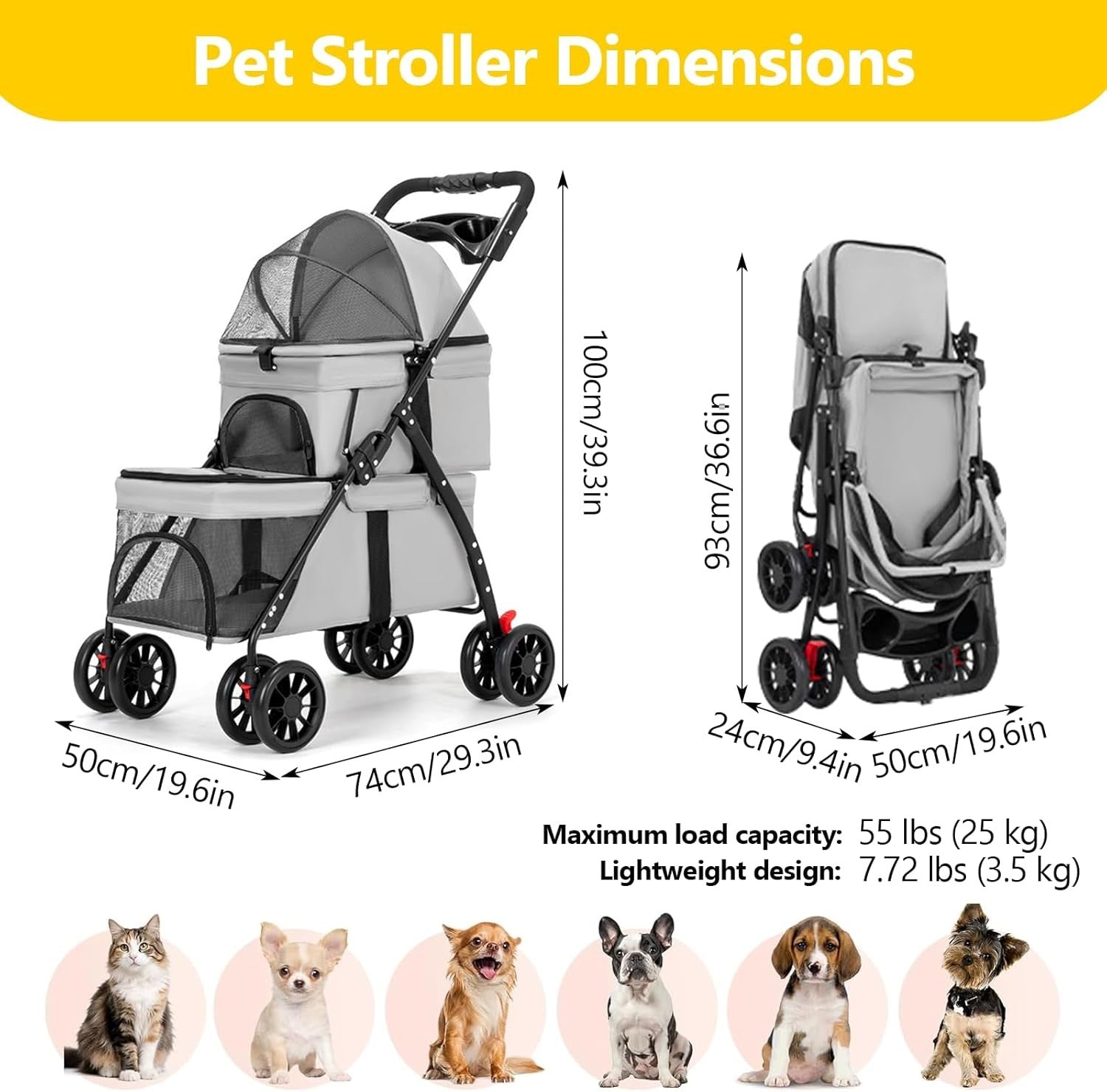 Double Pet Stroller for Small Dogs Cats 2 Tier Foldable 4 Wheel