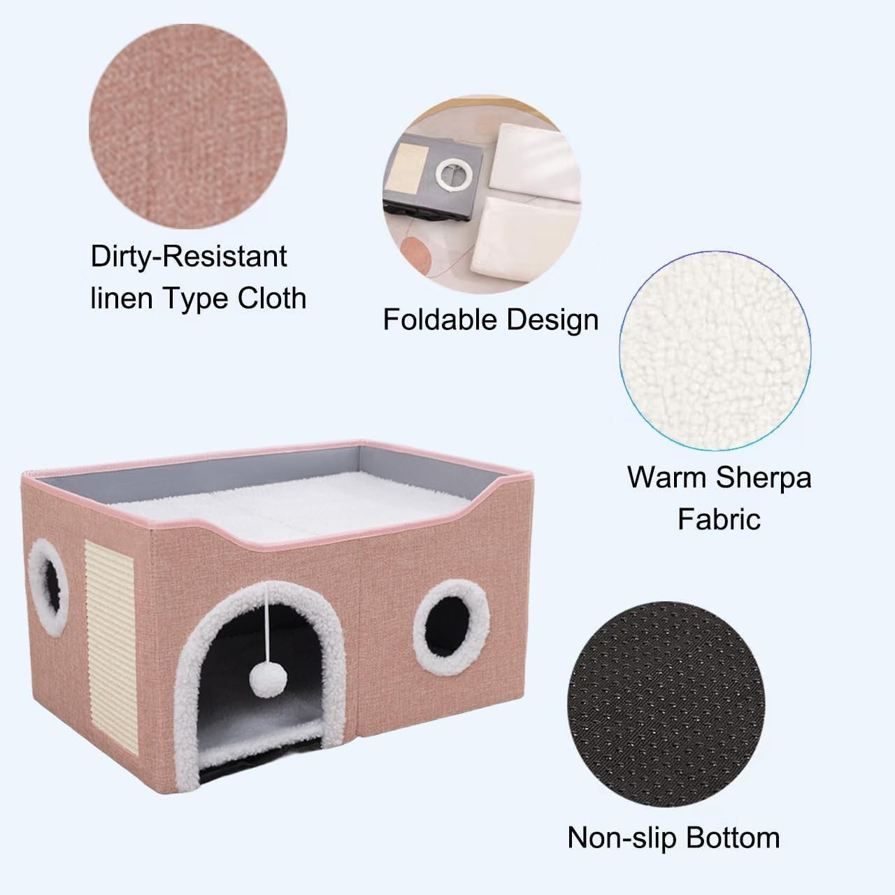 Foldable Cat House Cave Bed 2 Tier Cat Condo w Scratch Board Pink