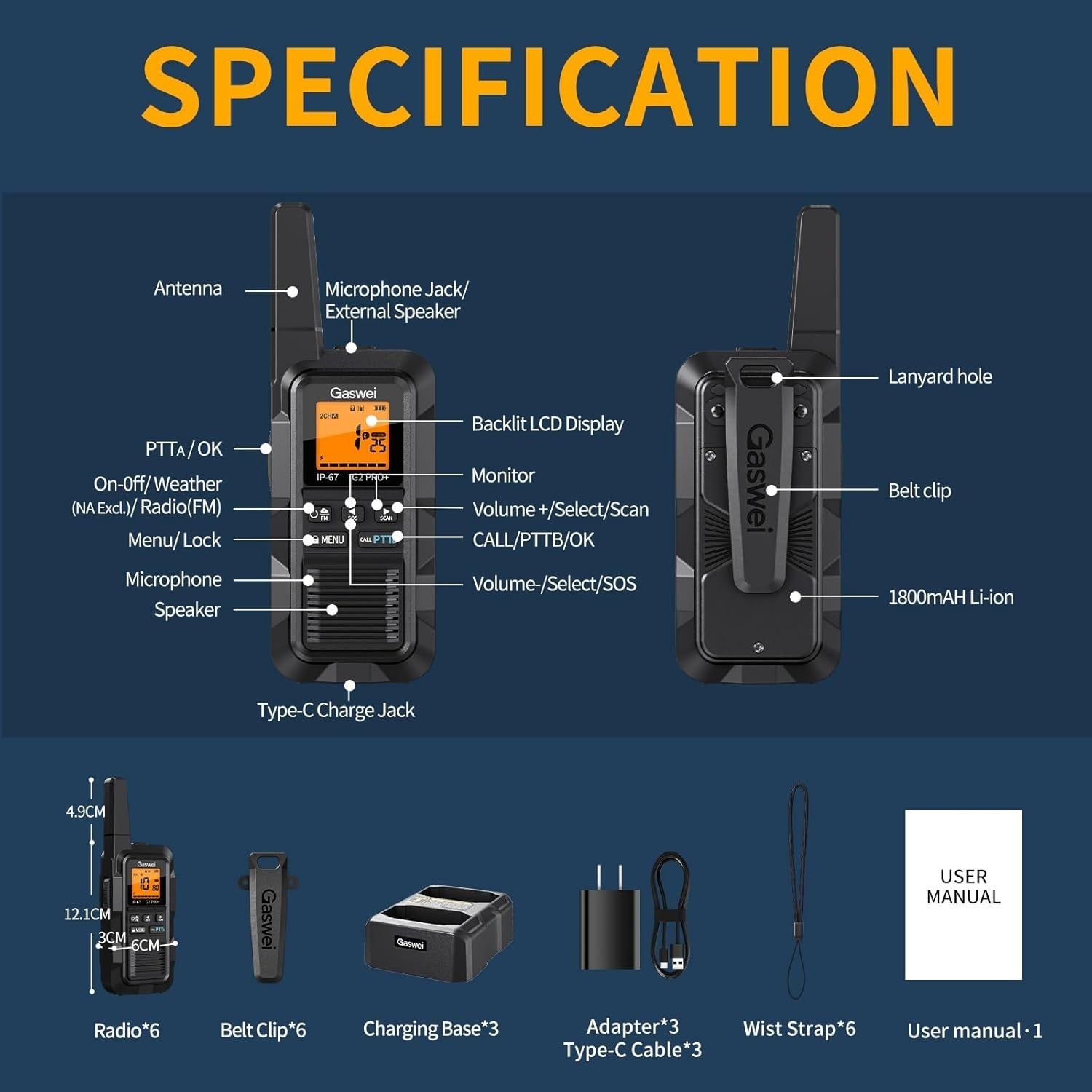 IP67 Waterproof Floating Walkie Talkies 2 Pack Long Range VOX FM SOS
