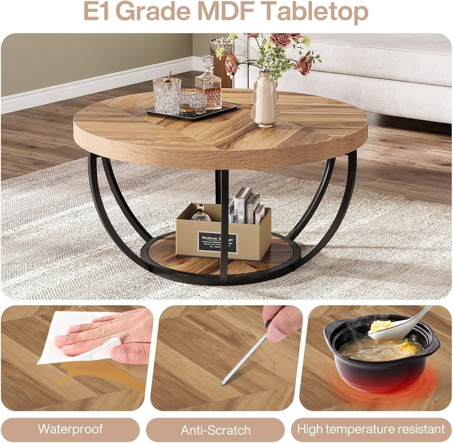 Round 2-Tier Coffee Table with Storage Shelves, Wooden Grain, 80x45cm