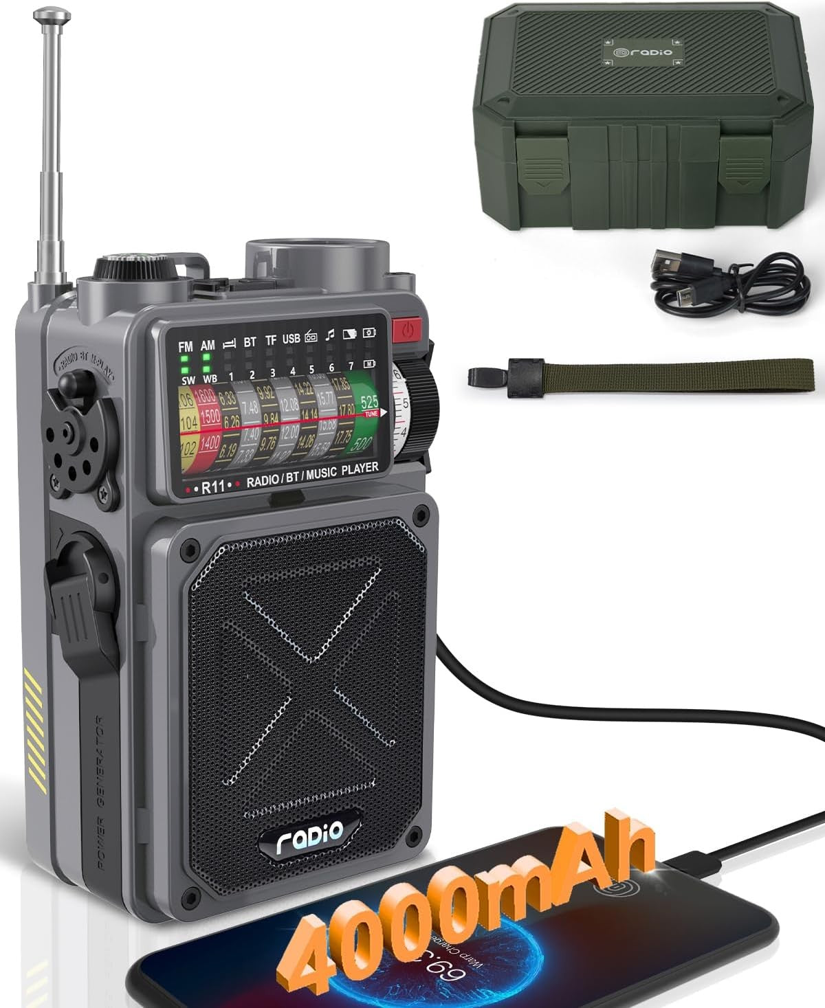 Portable Shortwave Radio NOAA AM FM Solar Crank Bluetooth