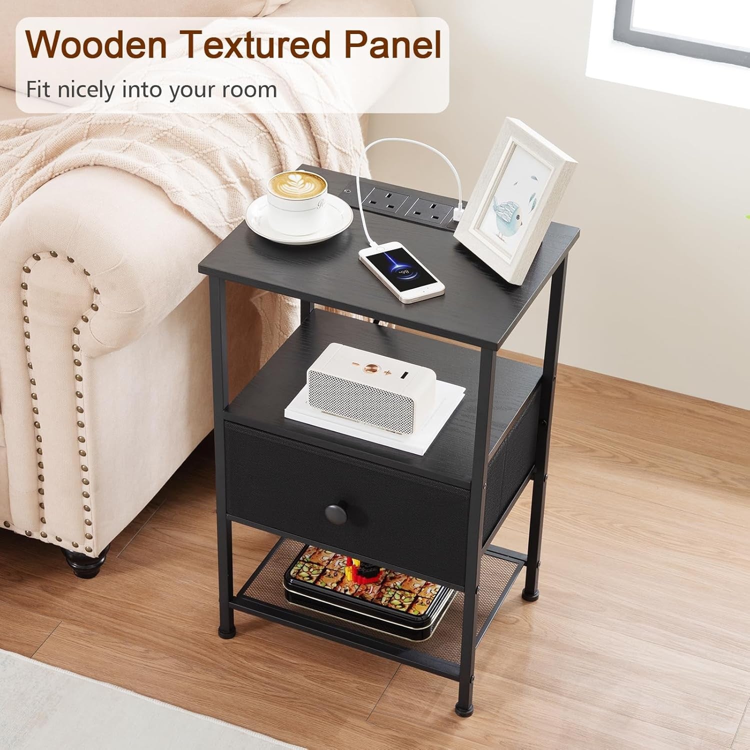 Set of 2 Bedside Tables with Charging Station, Fabric Drawer & Storage Shelf