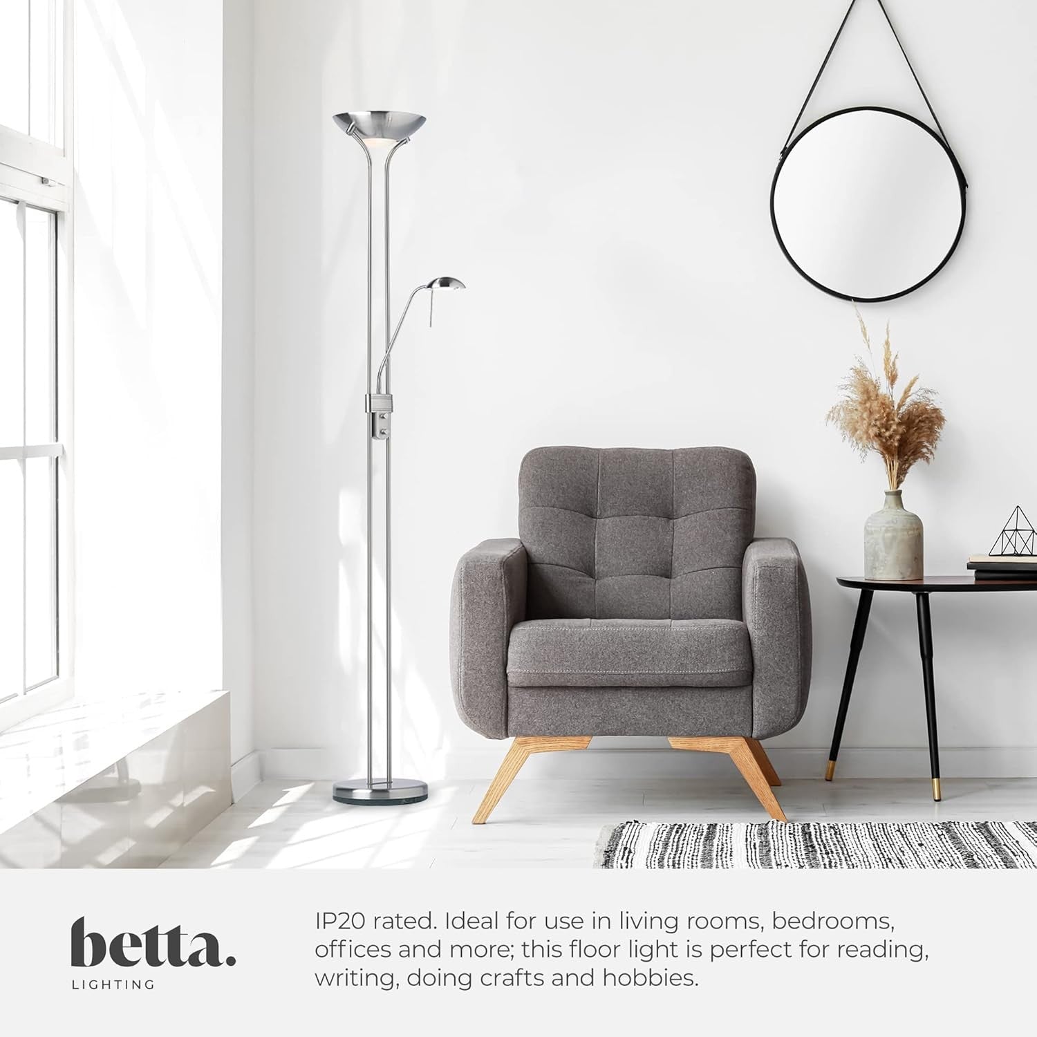 Mother Child Floor Lamp Uplighter Reading Light Satin Chrome Dimmable
