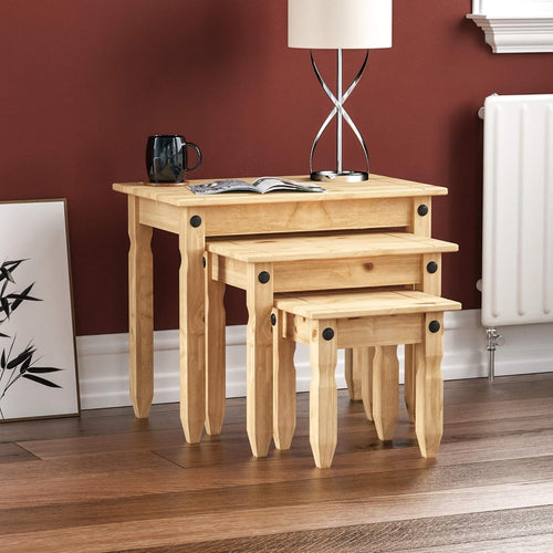 Pine Distressed Wax Nest of Tables Set of 3 Solid Wood Coffee End Side Table