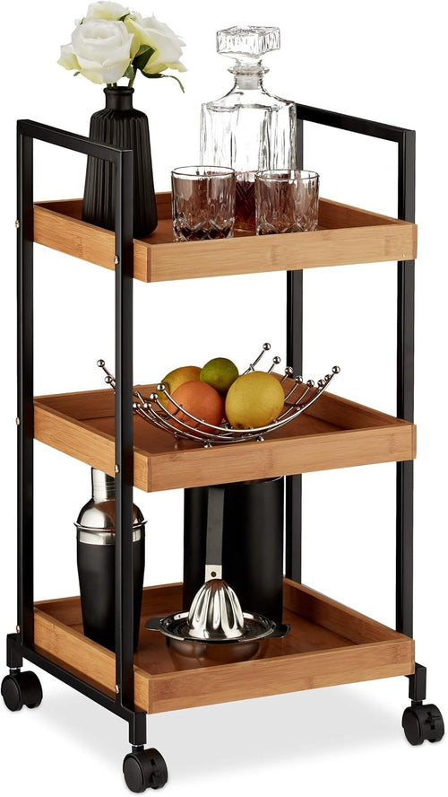 Kitchen Serving Trolley on Wheels 3 Tier Bamboo Storage Cart with Castors