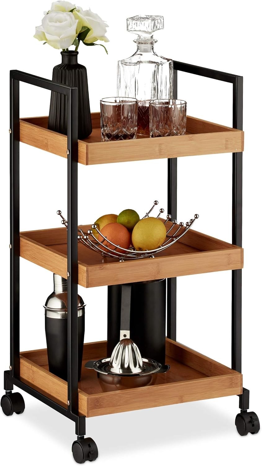 Kitchen Serving Trolley on Wheels 3 Tier Bamboo Storage Cart with Castors