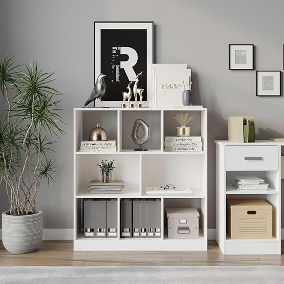 White 8-Cube Asymmetrical Bookcase – Modern Freestanding Storage Display Unit