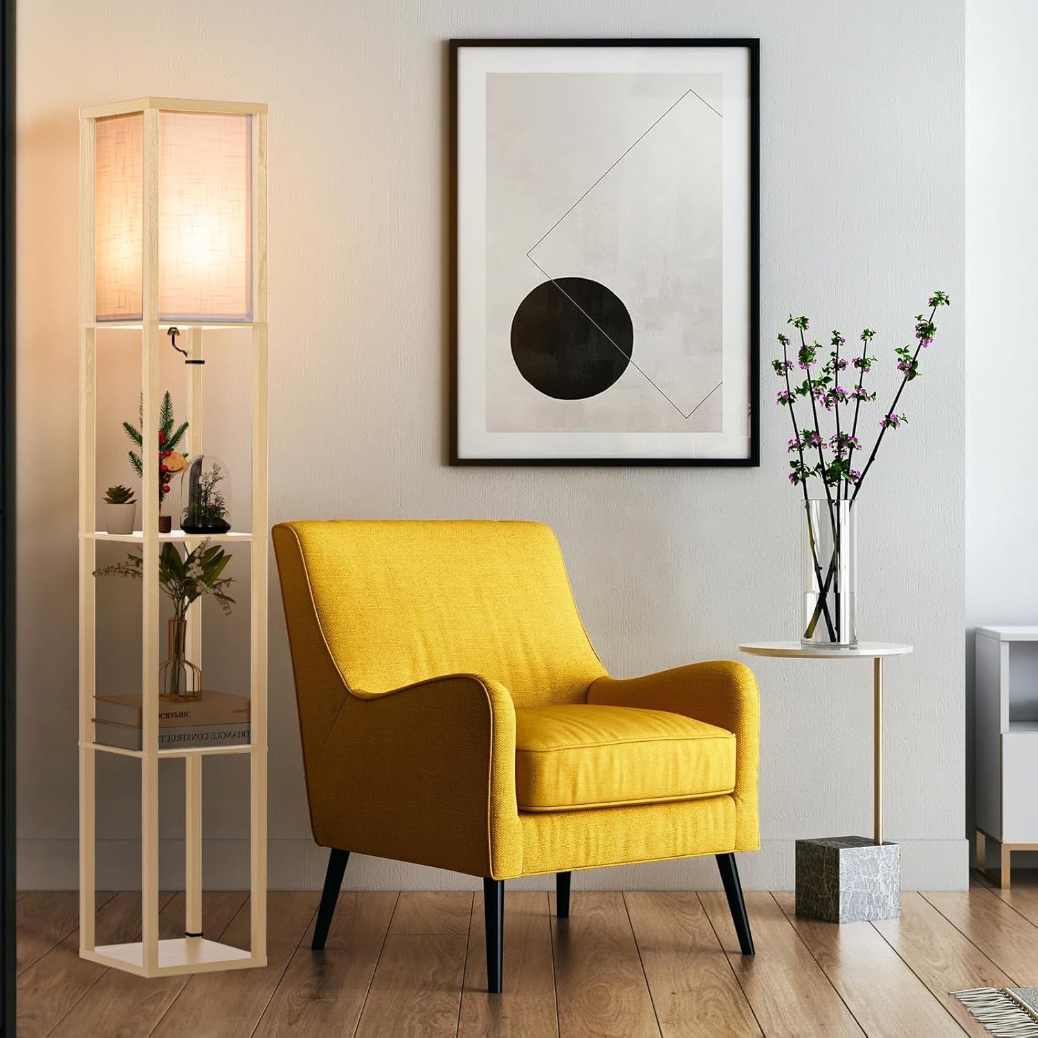 Floor Lamp With Shelves LED Wooden Storage Standing Light Living Room Bedroom