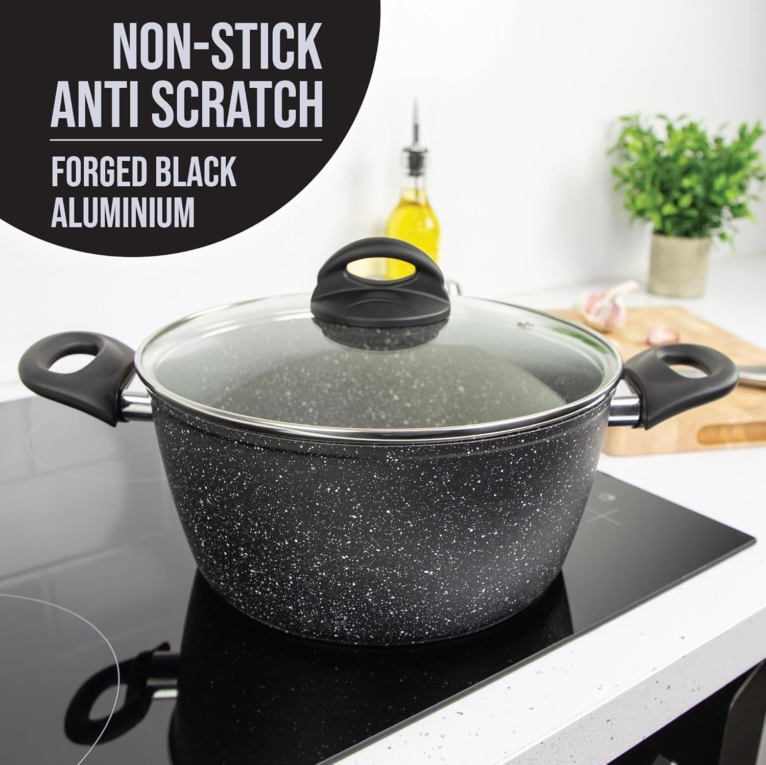 24cm Black Non Stick Stock Pot with Glass Lid – 5L Capacity Induction Safe