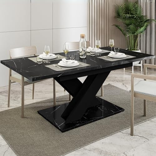 Extendable Black Royal Marble Dining Table 140-180cm Modern Foldable Kitchen