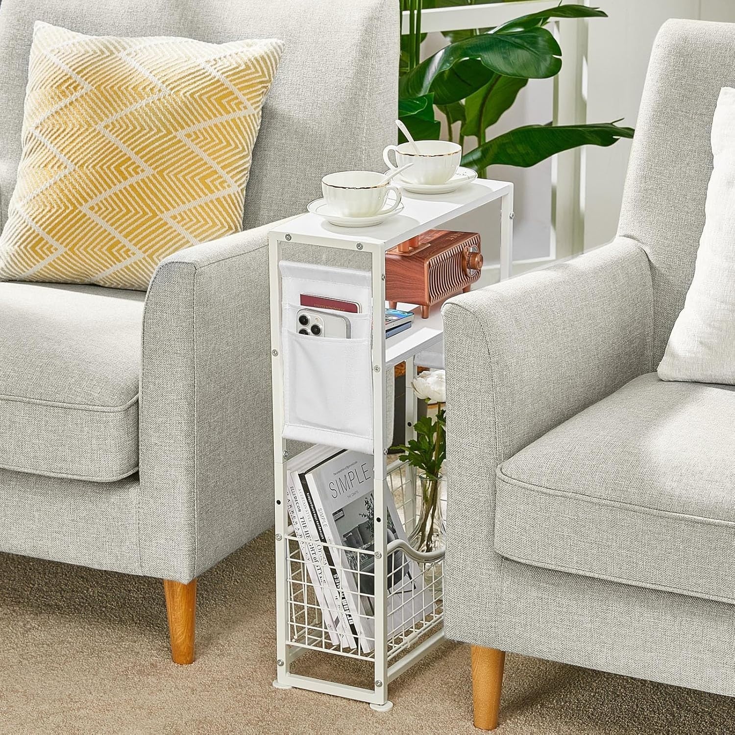 White 3-Tier Narrow Side Table 30x30x50 cm | Slim End Table w/ Storage