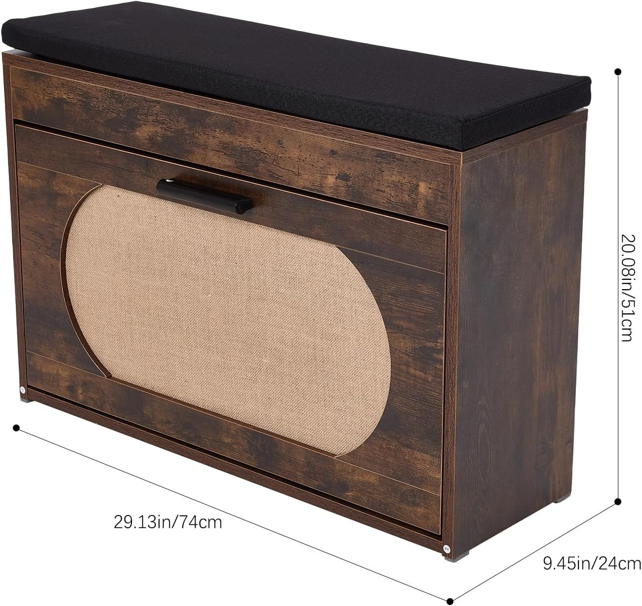 Rustic Brown Shoe Storage Bench with Flip Drawer & Cushioned Seat, 74x24x51 cm