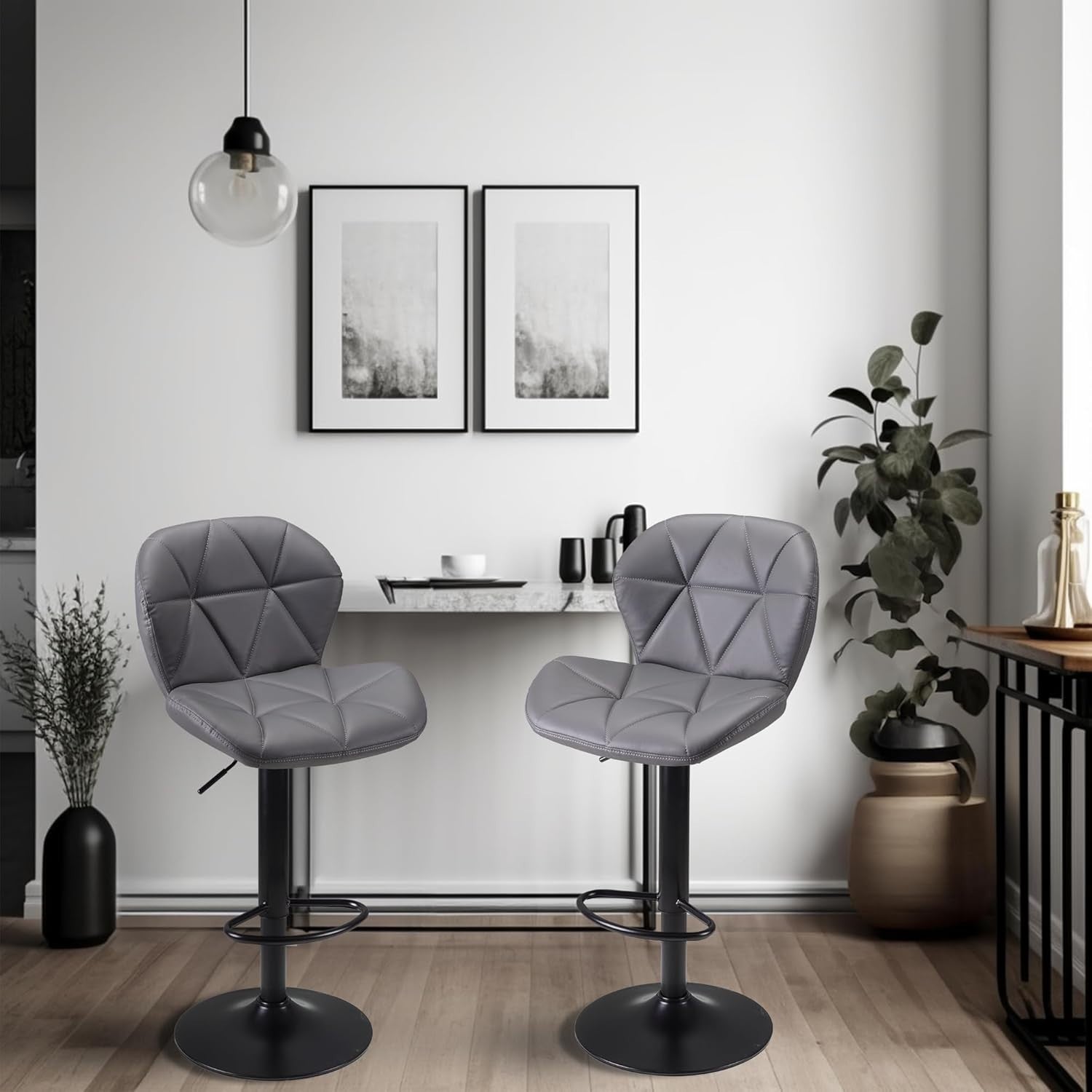 Dark Grey Faux Leather Bar Stools Set of 2 – Adjustable Swivel Kitchen Chairs
