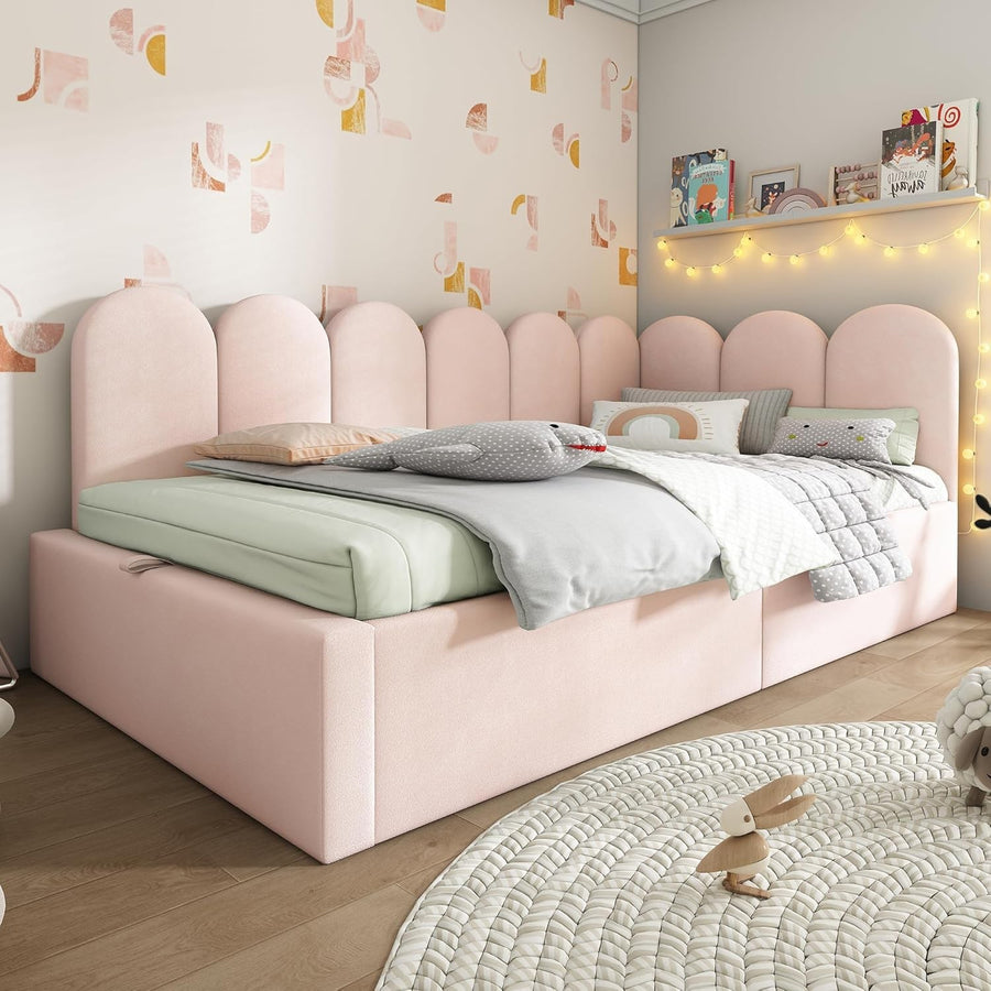 Single Sofa Bed with Storage Pink Velvet 3FT Daybed Kids Room 90x190cm
