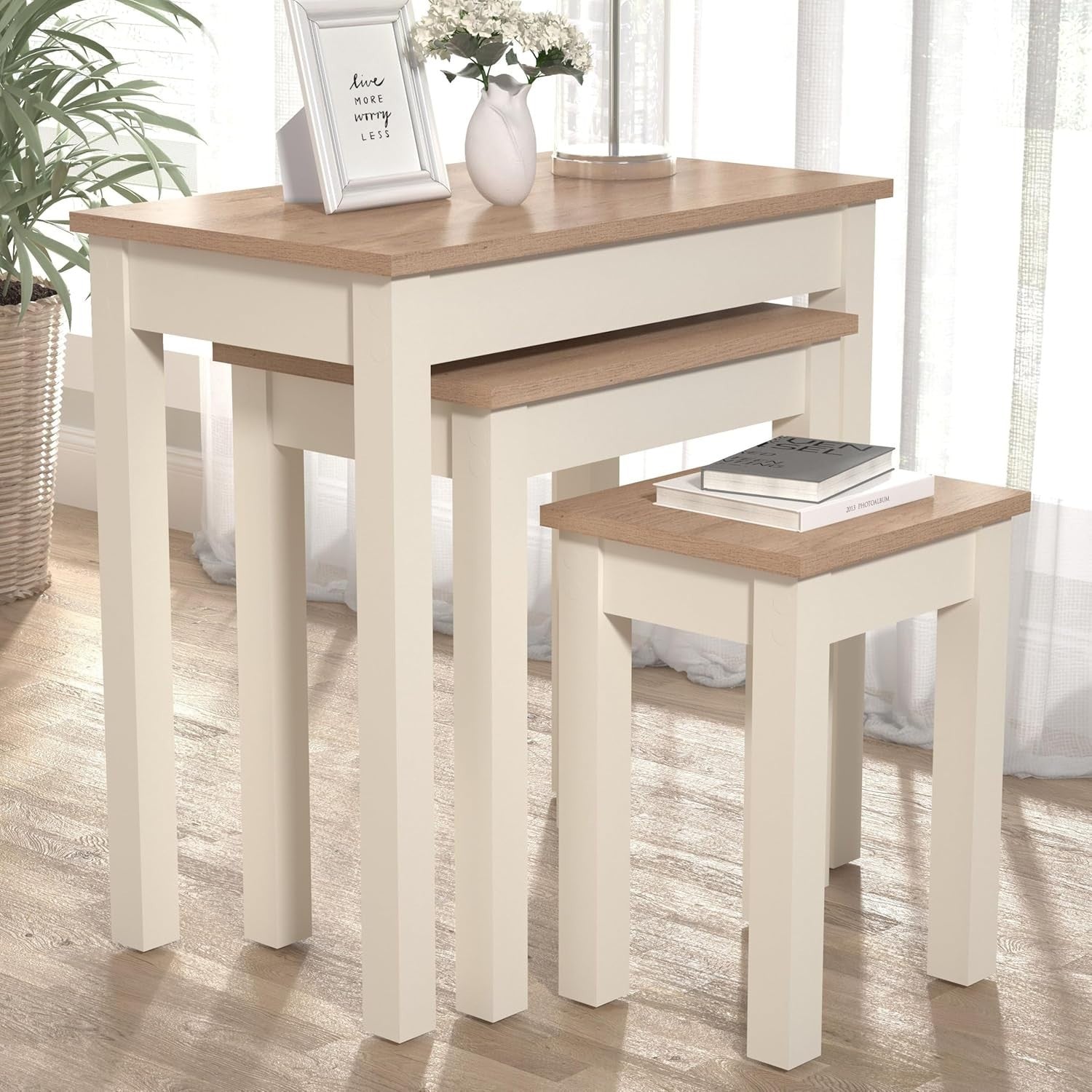 Space Saving Nesting End Tables Set of 2 Ivory Oak Engineered Wood Living Room