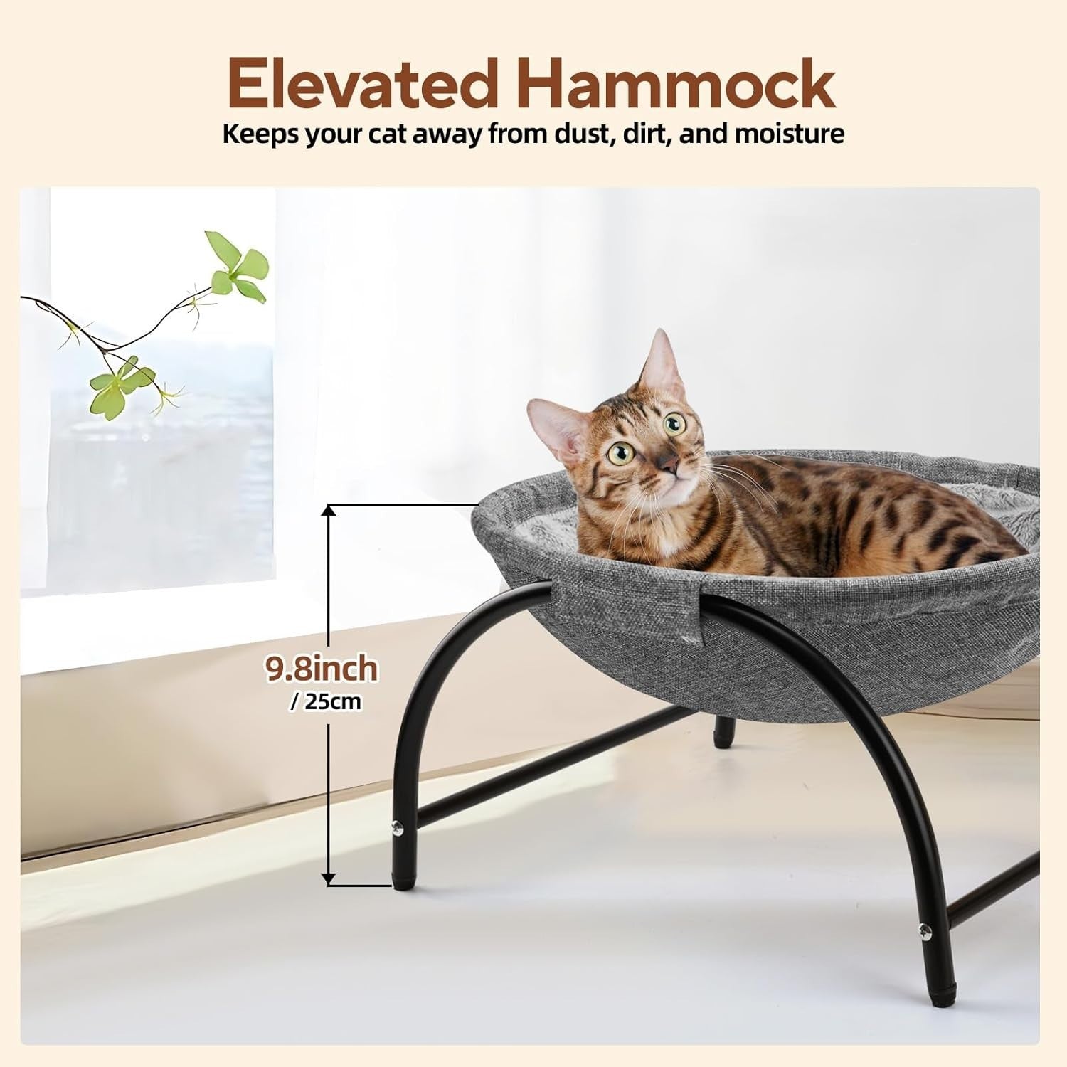 Elevated Cat Hammock Bed Free Standing Pet Cot Plush Washable Gray