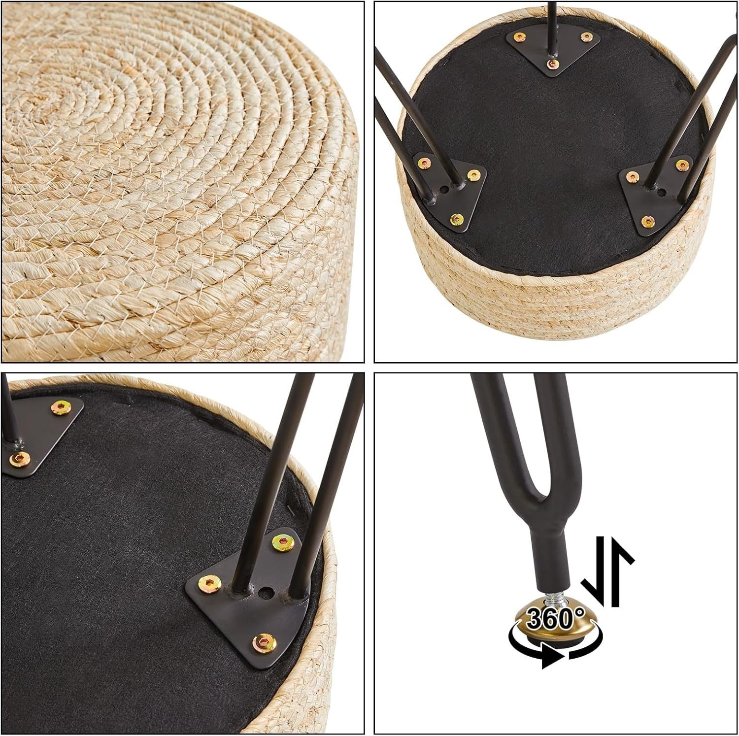 Beige Seagrass Woven Footstool Round Pastoral Stool Metal Legs 32×32×45cm