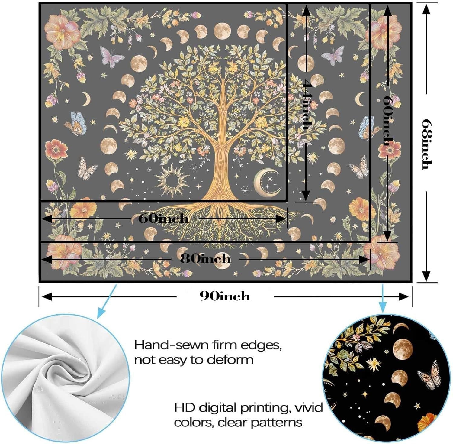 Large Tree of Life Moon Phase Tapestry Sun Boho 80x60
