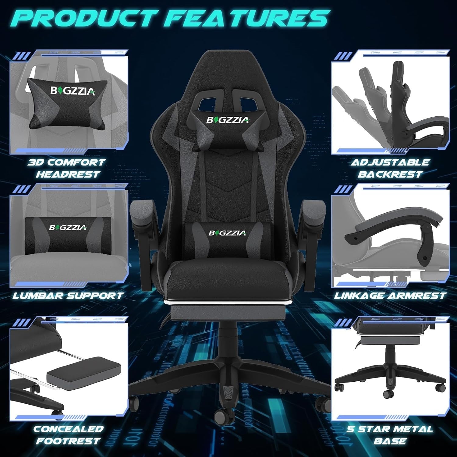 Gaming Chair PC Racing Seat LED Lights Faux Leather Recliner Ergonomic Grey