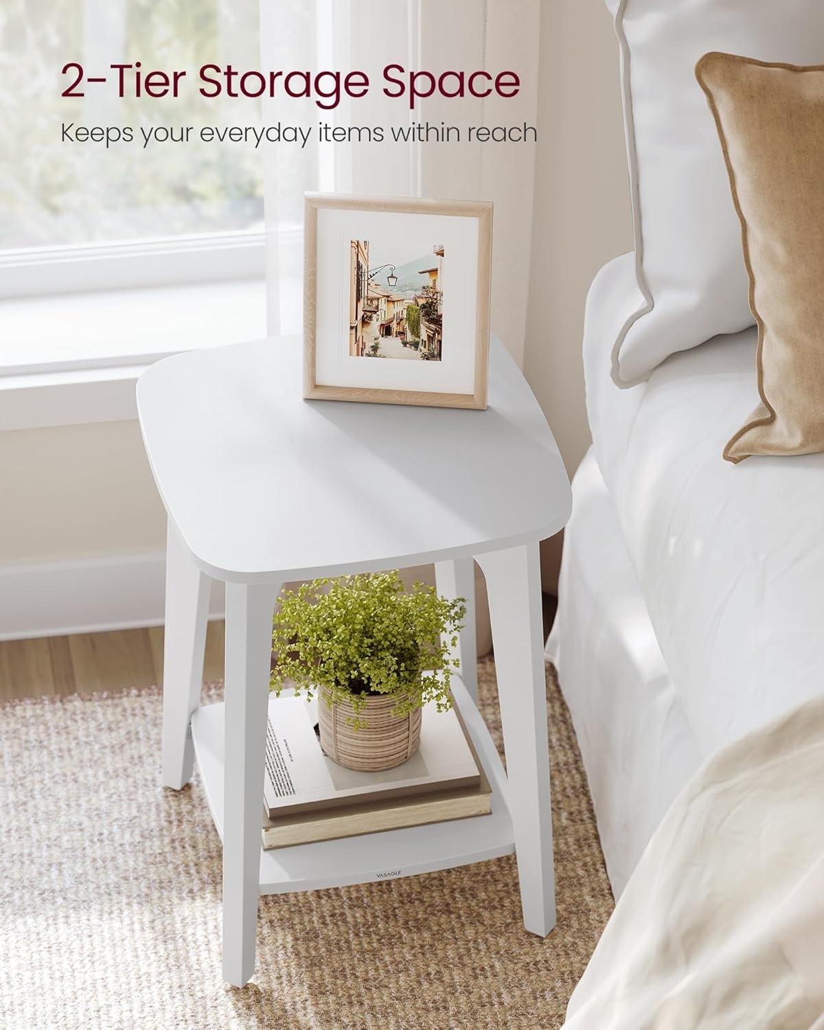 White Small Side Table with Lower Shelf, Modern Bedside Table for Small Spaces