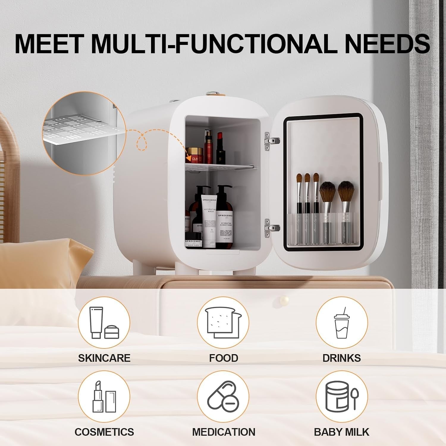 4L Mini Fridge Cosmetic Cooler & Warmer Portable Low Noise LED Mirror