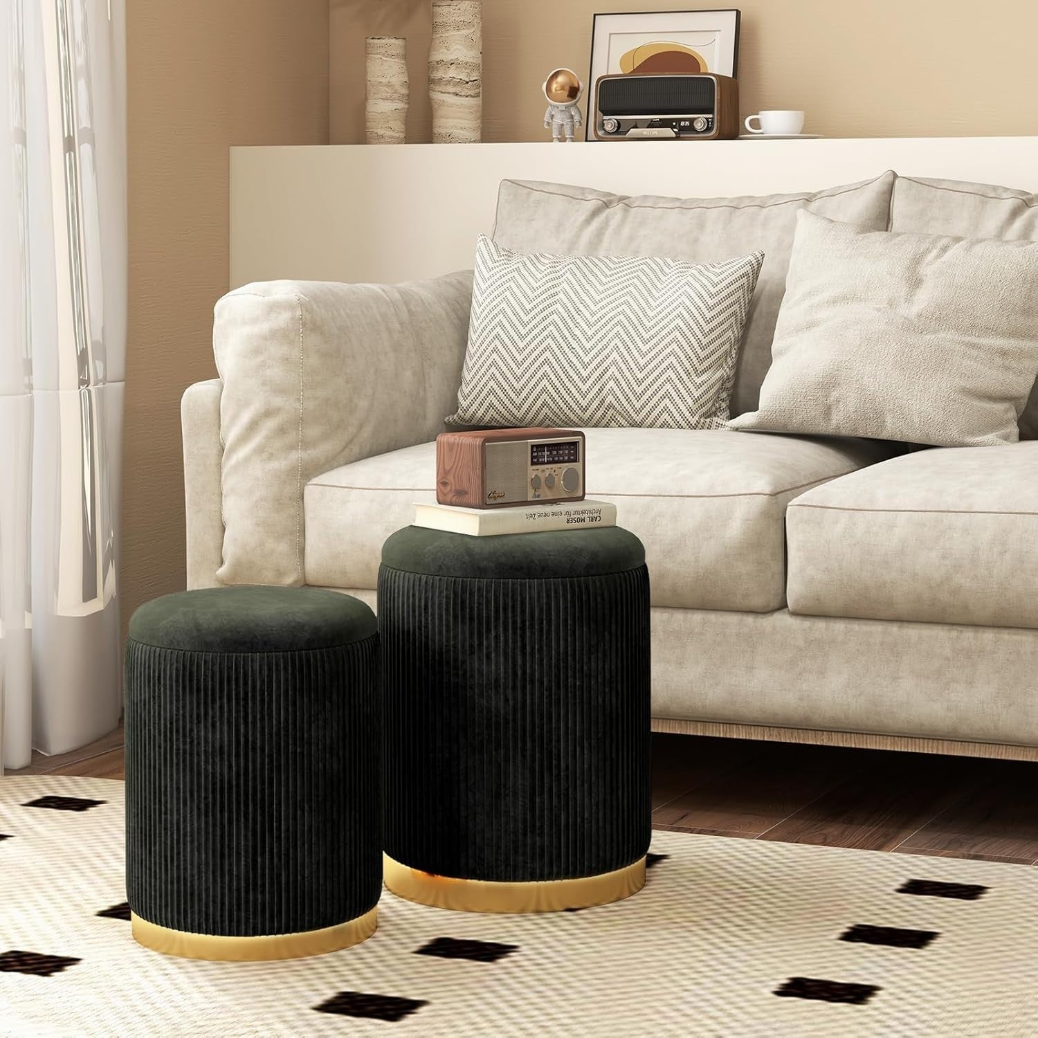 Black Velvet Nesting Footstools Set of 2 Storage Ottomans Round Gold Base
