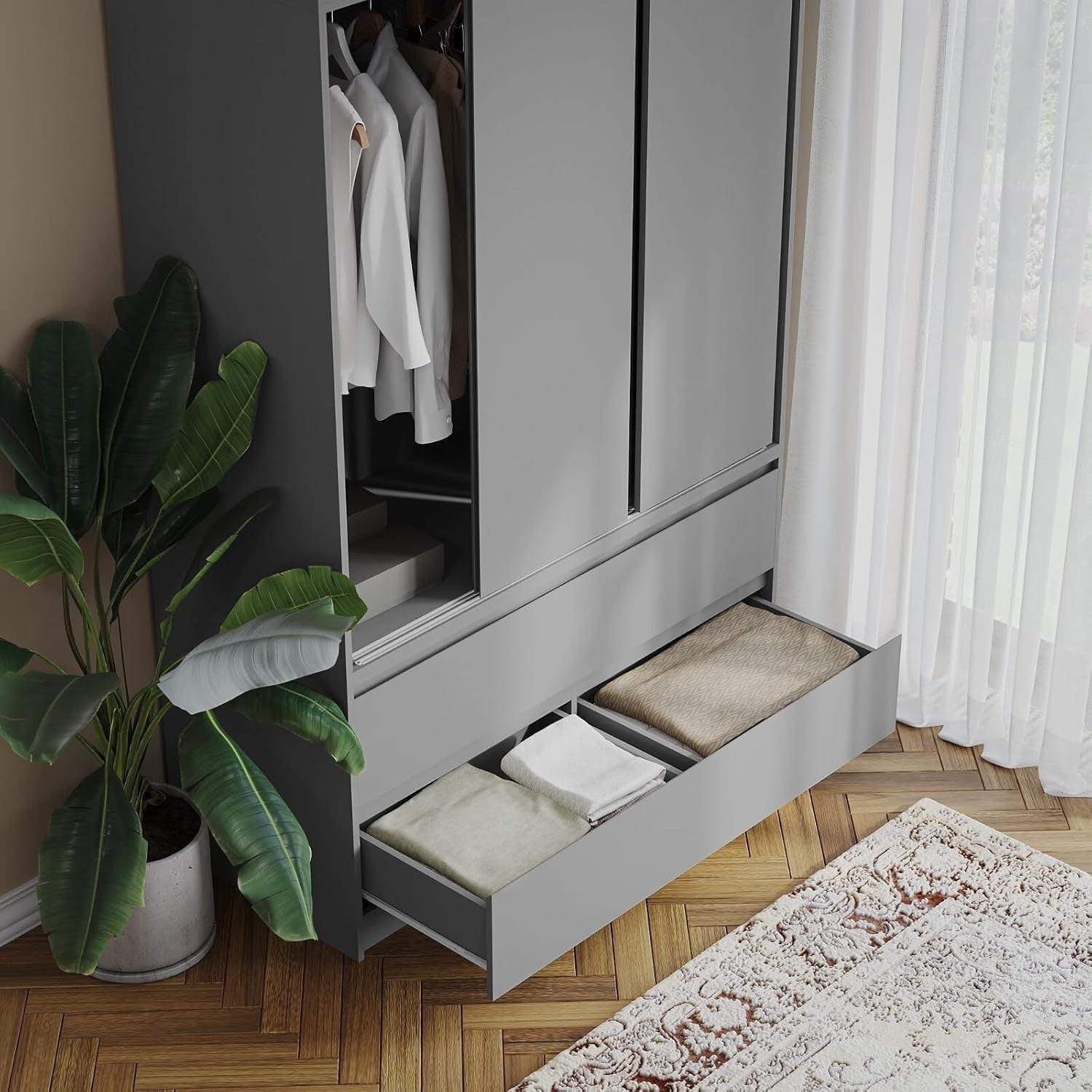 Grey Sliding Wardrobe 240cm 6 Doors 4 Drawers Bedroom Closet Storage Unit