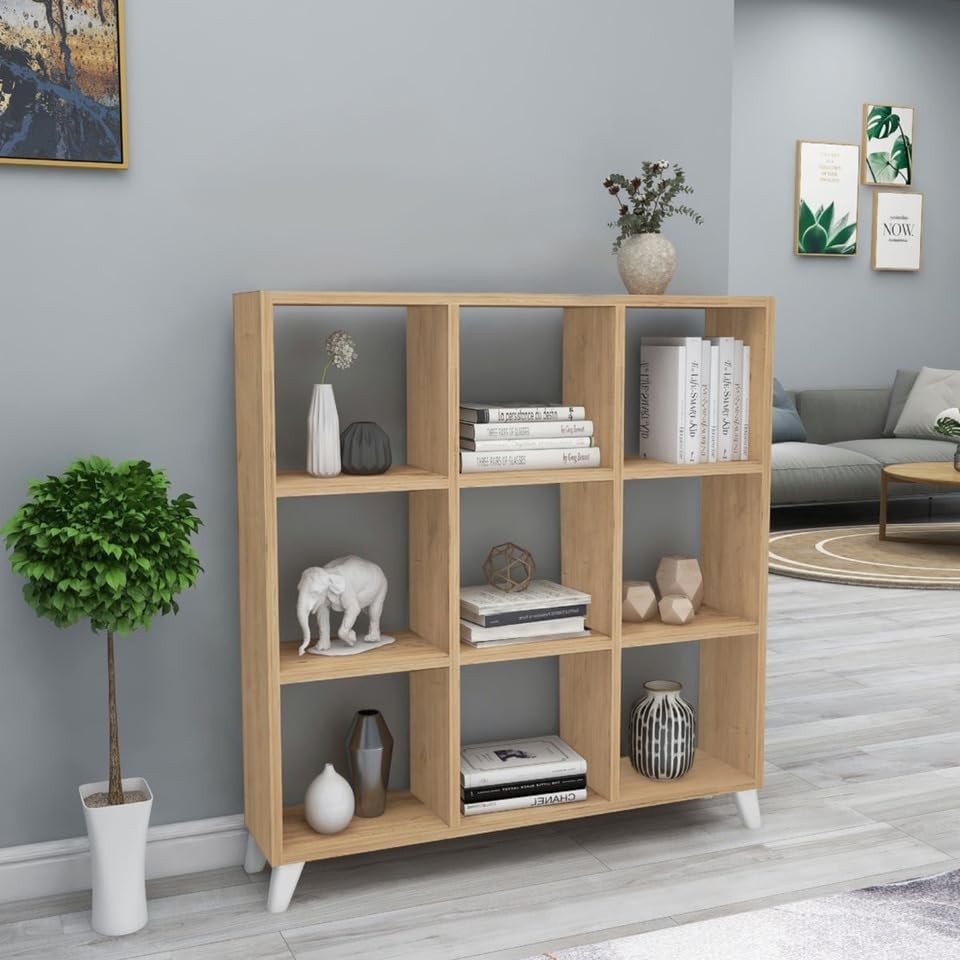 9-Cube Pine Bookcase with Legs, Modern Display Storage Unit for Living Room & Of