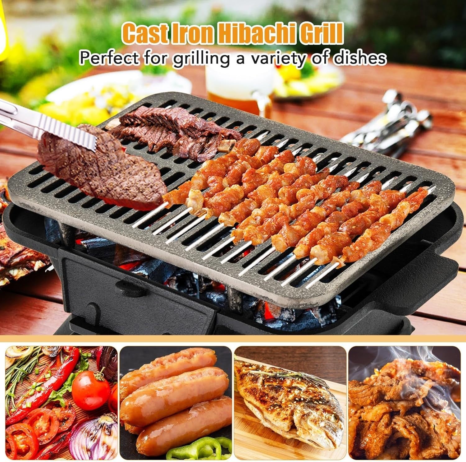Portable Cast Iron Hibachi BBQ Grill Charcoal Stove Double Sided Grate Outdoor