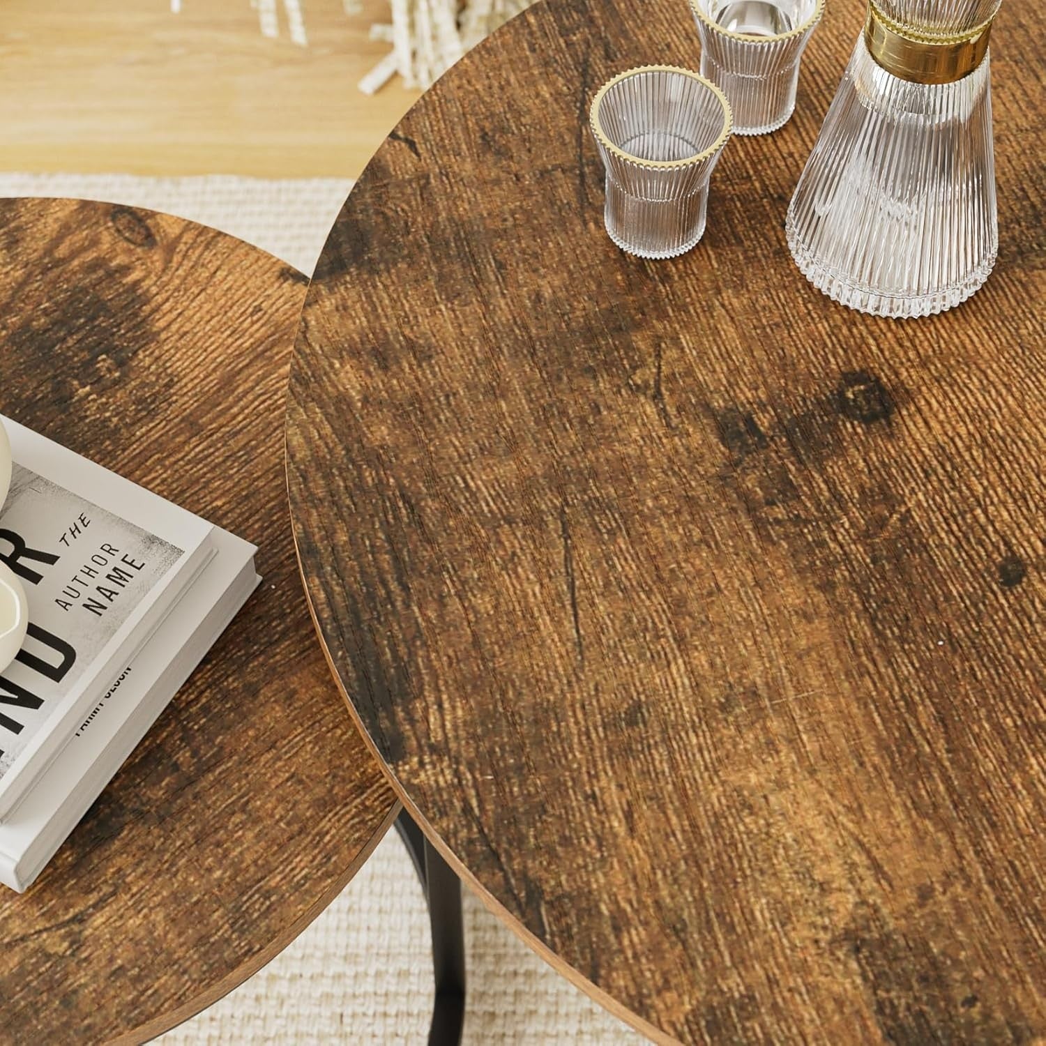 Nest of 2 Round Coffee Table Set Rustic Brown Industrial Easy Assembly