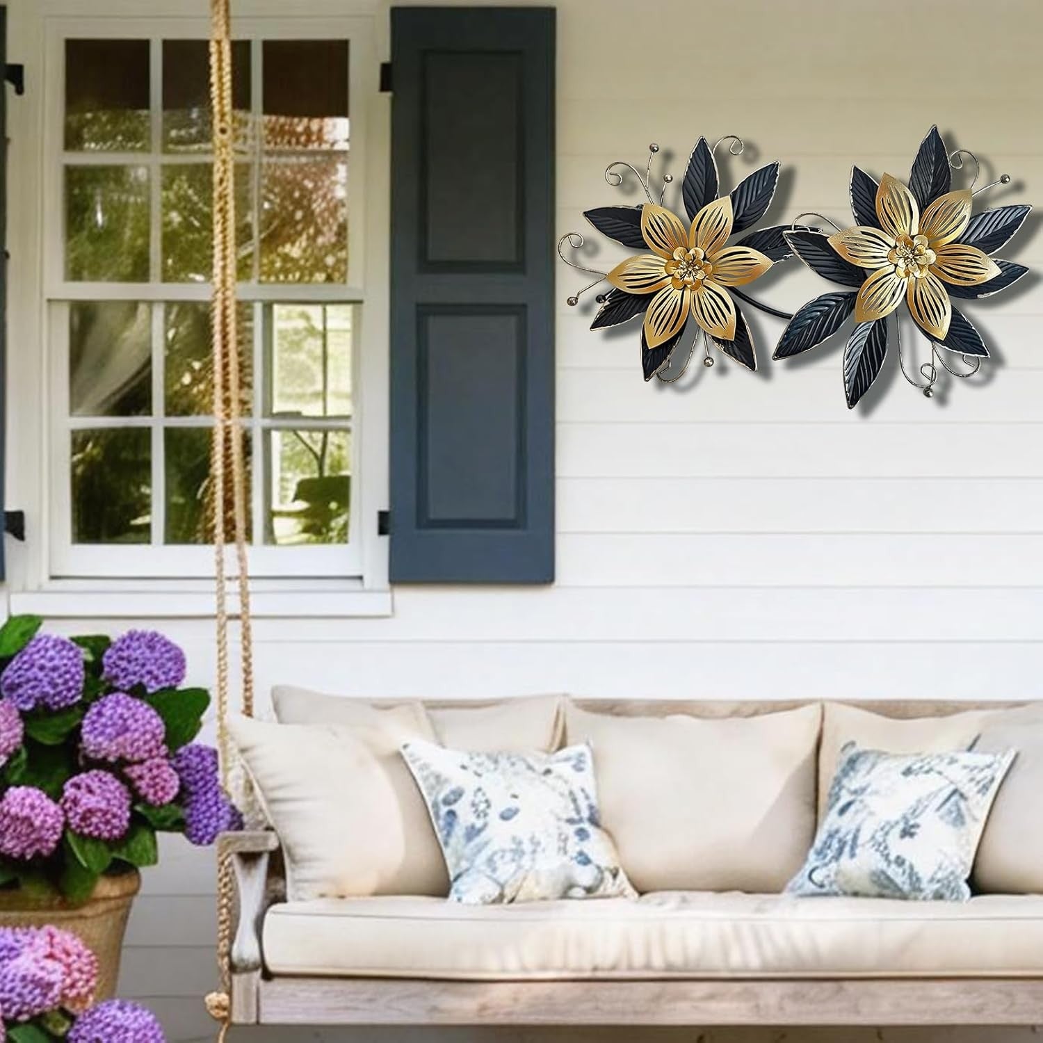 Black Gold Metal Flowers Wall Art 15 in 3D Multi-Layer Home Decor