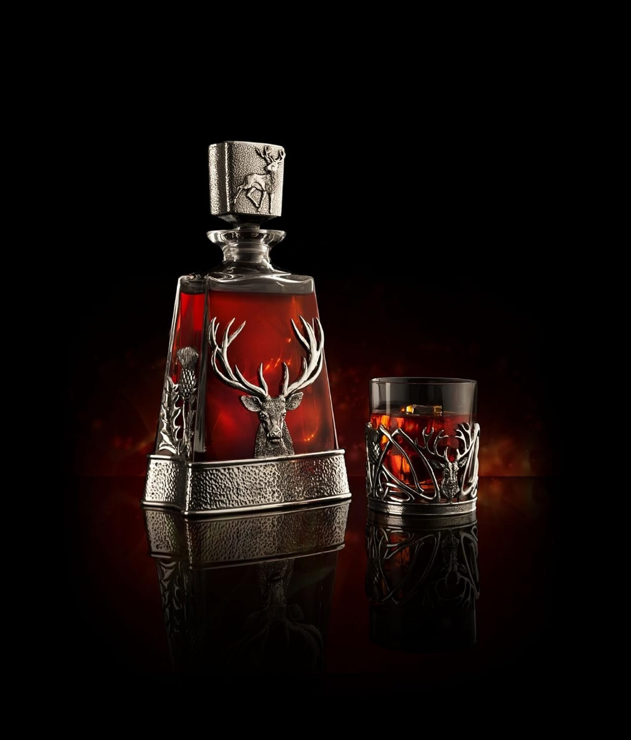 Scottish Thistle Stag Whisky Decanter 60cl Pewter Crystal Pyramid Design