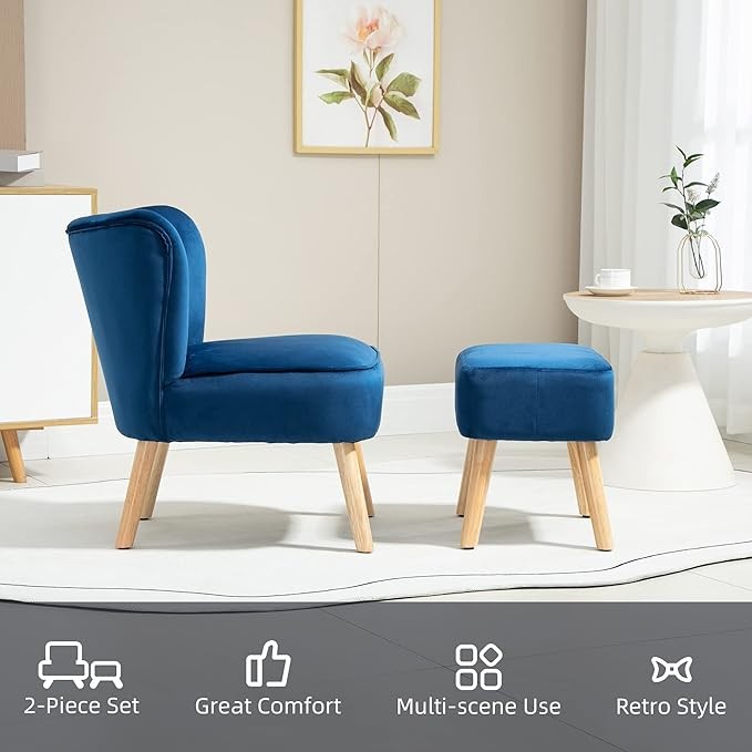 Velvet Accent Chair with Ottoman Blue Tub Seat Wood Frame Lounge
