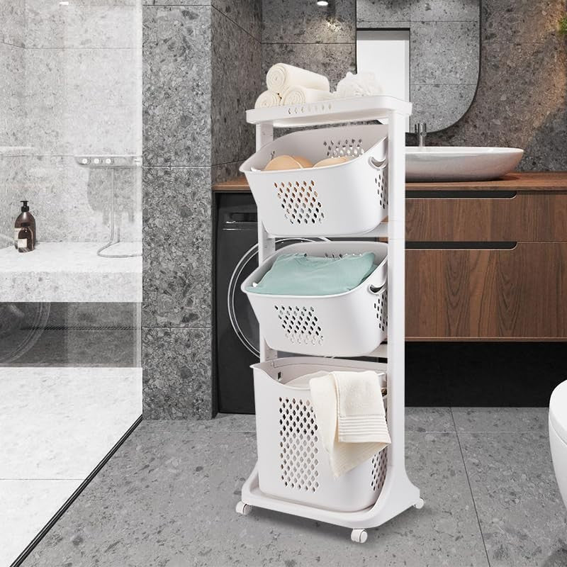 4 Tier Rolling Laundry Basket Cart Clothes Storage Hamper White Wheels