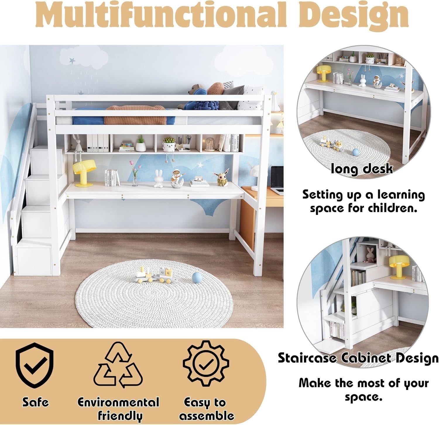 Loft Bunk Bed with Desk & Storage Stairs, 3FT 90x190cm Kids Single Bed White