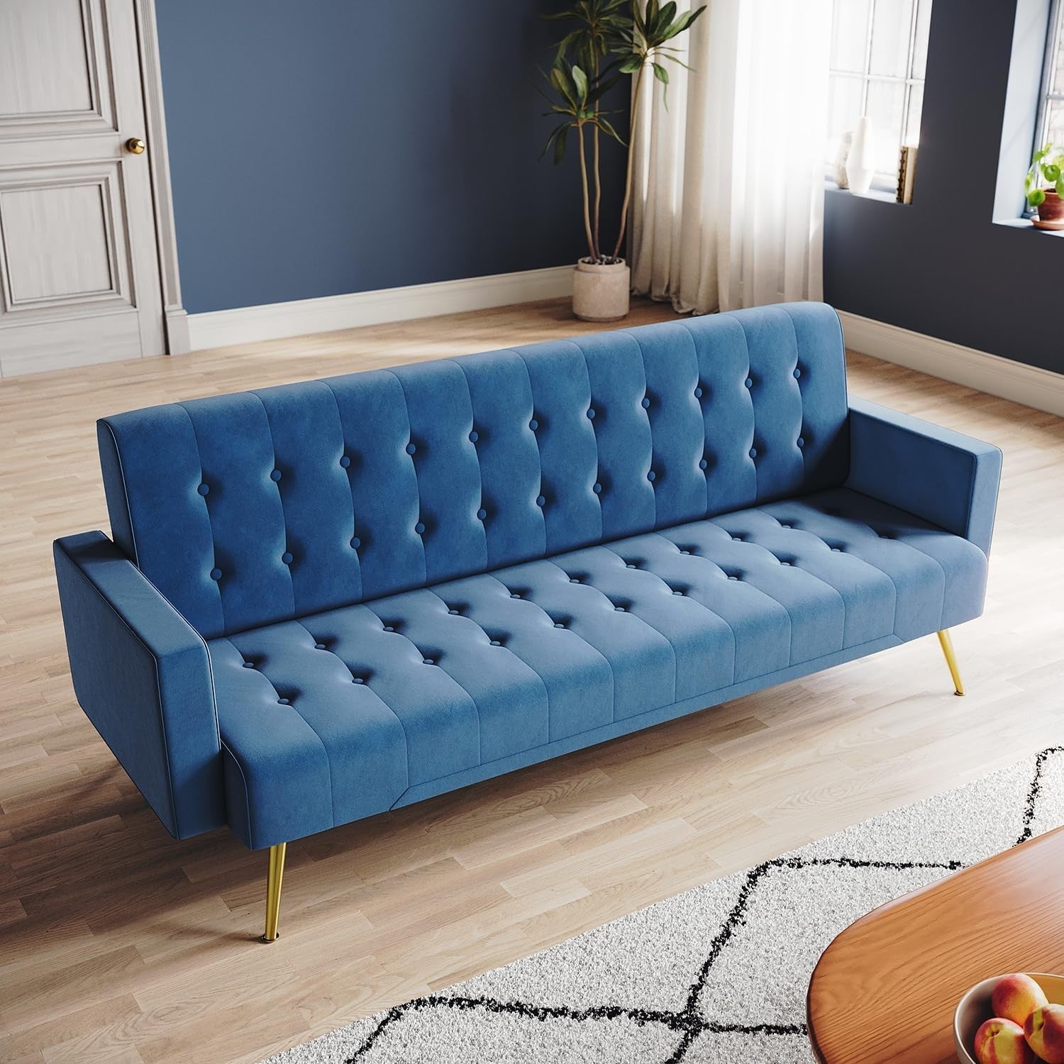 Blue Velvet Sofa Bed 3 Seater Click Clack Couch for Lounge Home Office