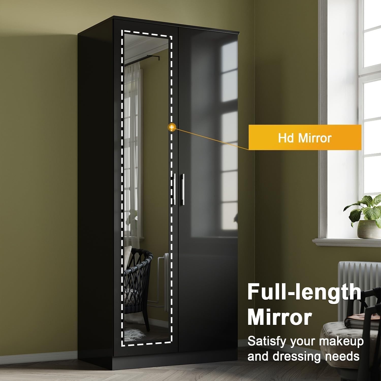 Black Gloss 2 Door Wardrobe Mirror Soft Close Storage Rail Shelves