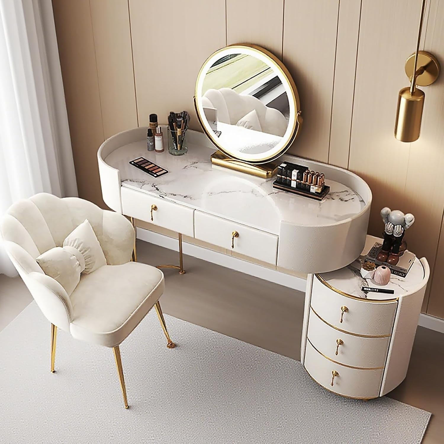 Modern White Vanity Dressing Table Set w/LED Mirror, Storage, 5 Drawers & Stool