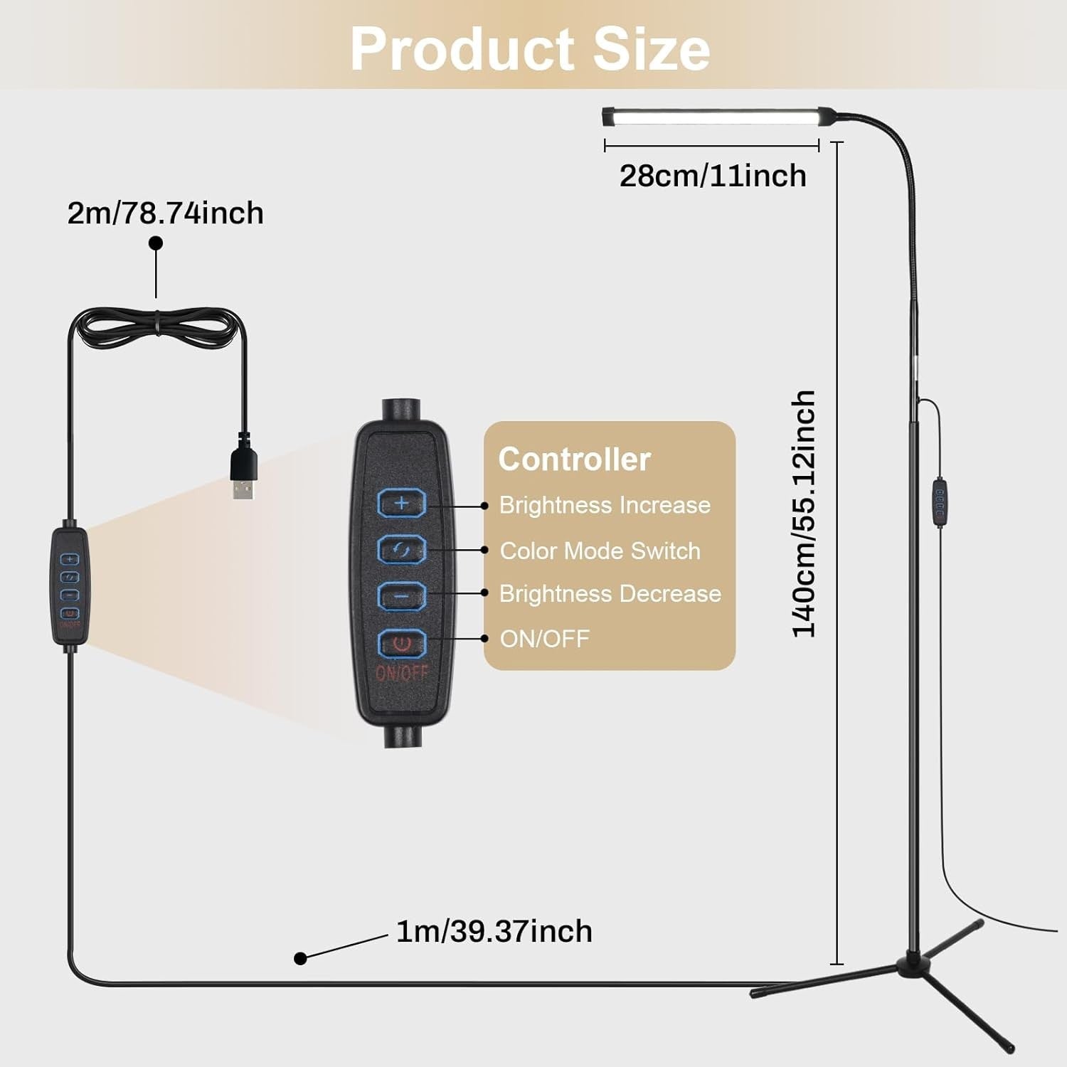 LED Floor Lamp Dimmable Gooseneck Reading Light 3 Colour Adjustable Stand