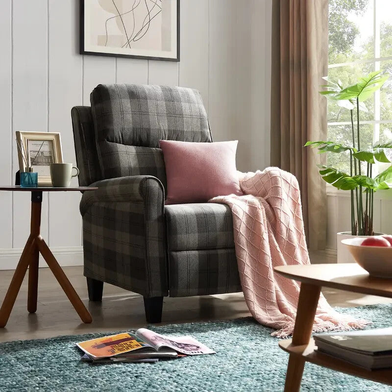 Recliner Armchair Grey Tartan Fabric Pushback Chair for Lounge/Bedroom