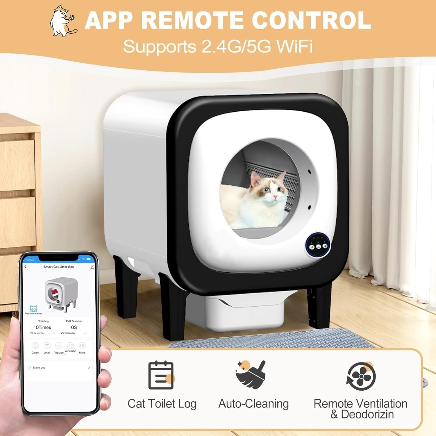 Self Cleaning Cat Litter Tray 72L Automatic Smart Litter Box APP Control
