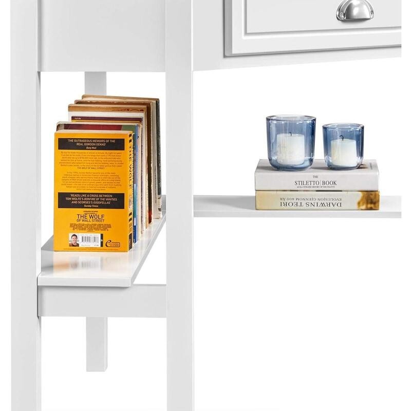 White Corner Desk 106cm L-Shaped Table with Drawer & Shelves for Small Room